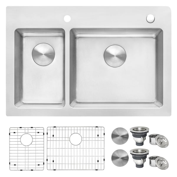 Ruvati 33"x22" Drop-in Topmount Kitchen Sink 16 Gauge SS 30/70 Double Bowl RVM5176 - main